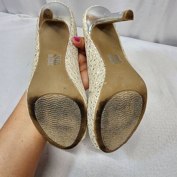 Coach and Four Quillan Open Peep Toe Size 7 Champagne/Silver Sparkle Heels Pumps - Picture 10 of 12